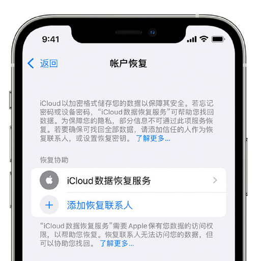 汝阳苹果手机维修分享在 iPhone 上设置帐户恢复联系人的方法 