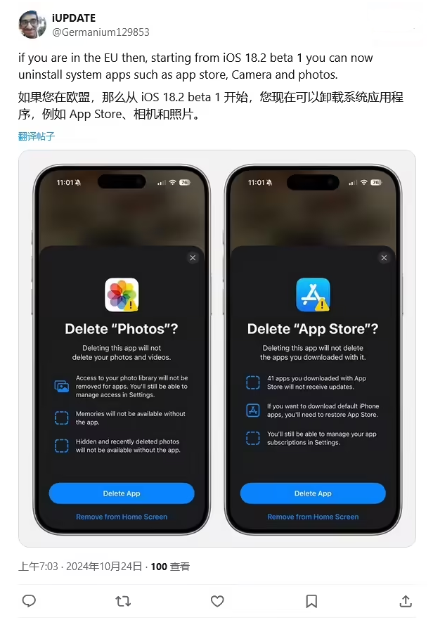 汝阳苹果手机维修分享iOS 18.2 支持删除 App Store 应用商店 