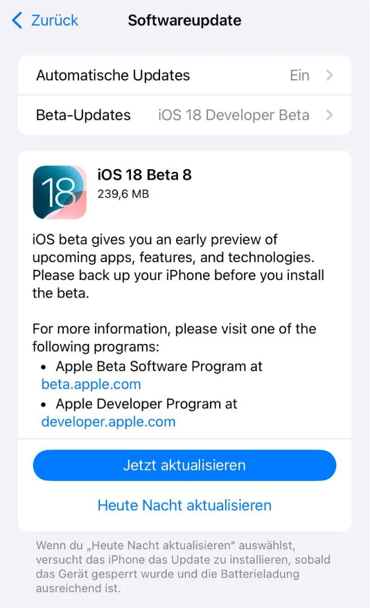 汝阳苹果手机维修分享苹果 iOS / iPadOS 18 开发者预览版 Beta 8 发布 